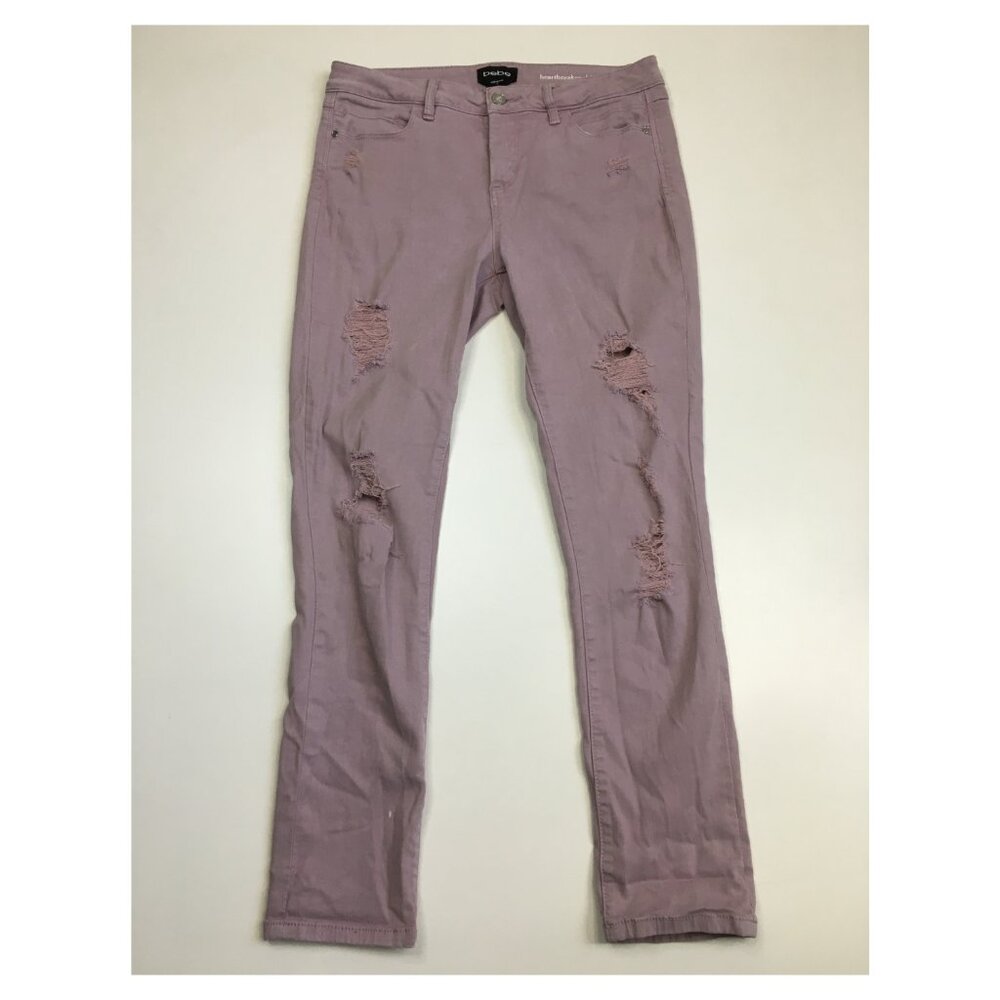 BEBE Sea Fog Wash Distressed 5 Pocket Logo Hardware HEARTBREAKER Skinny Jeans